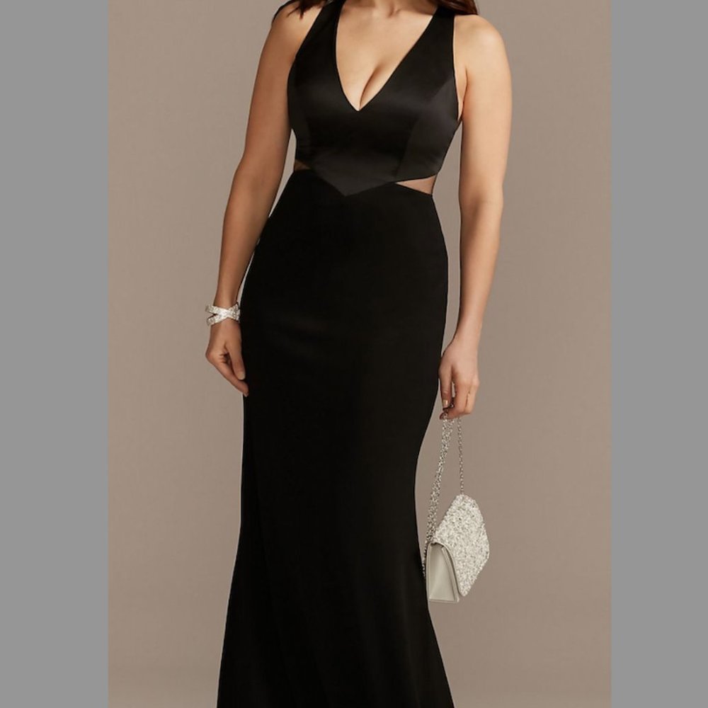 Crepe Sheath Plunge Long Gown with Illusion Cutout Dress